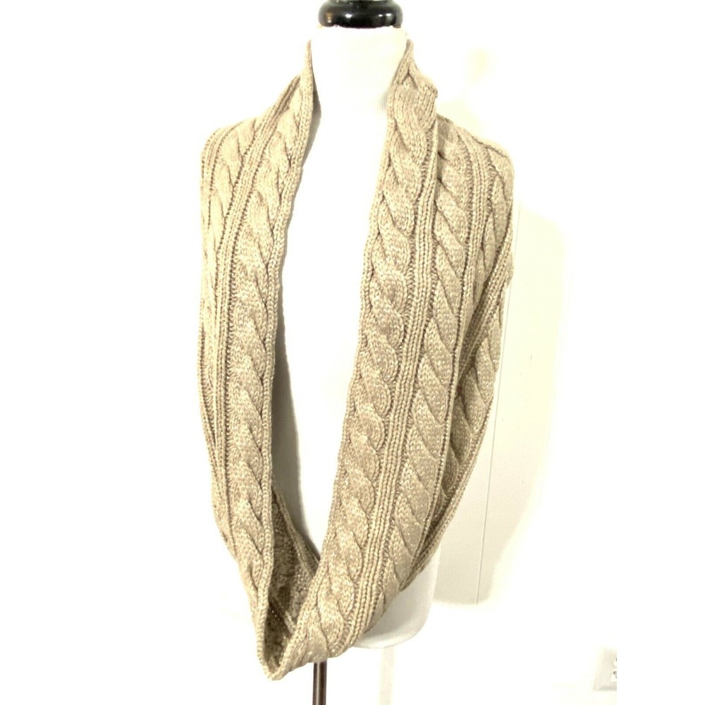 New NY&CO Chunky SPARKLE GOLD Beige CABLE KNIT Infinity Knitted Scarf Wide  COWL